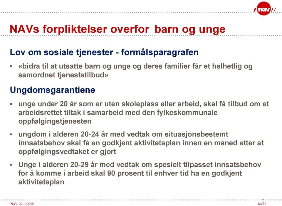 oppfølgingstjenesten ungdom i alderen 20-24 år med vedtak om situasjonsbestemt innsatsbehov skal få en godkjent aktivitetsplan innen en måned etter at oppfølgingsvedtaket