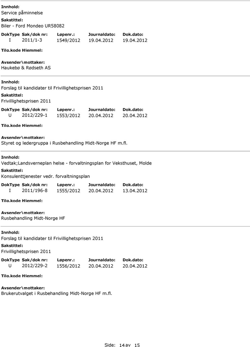 Vedtak;Landsverneplan helse - forvaltningsplan for Veksthuset, Molde Konsulenttjenester vedr. forvaltningsplan 2011/196-8 1555/2012 20.04.