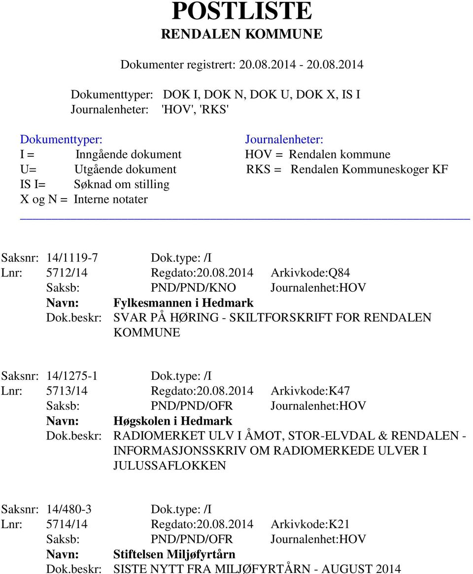 beskr: SVAR PÅ HØRING - SKILTFORSKRIFT FOR RENDALEN KOMMUNE Saksnr: 14/1275-1 Dok.type: /I Lnr: 5713/14 Regdato:20.08.