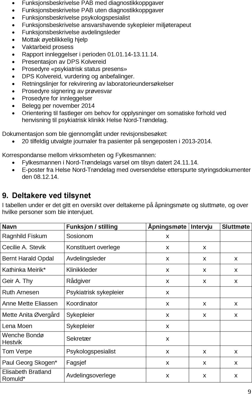 13.11.14. Presentasjon av DPS Kolvereid Prosedyre «psykiatrisk status presens» DPS Kolvereid, vurdering og anbefalinger.