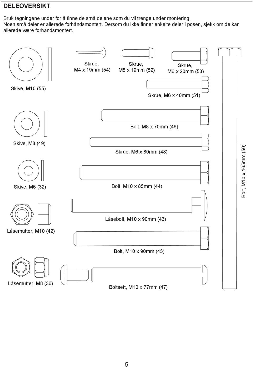 Skrue, M4 x 19mm (54) Skrue, M5 x 19mm (52) Skrue, M6 x 20mm (53) Skive, M10 () Skrue, M6 x 40mm (51) Bolt, M8 x 70mm (46) Skive, M8 (49)