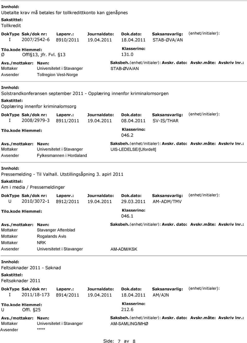 04.2011 V-/THAR 046.2 Avs./mottaker: Navn: aksbeh. Avskr. dato: Avskr.måte: Avskriv lnr.: Mottaker niversitetet i tavanger -LEDELE/[fordelt] Fylkesmannen i Hordaland ressemelding - Til Valhall.