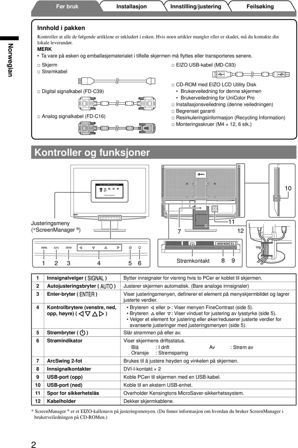 Skjerm Strømkabel EIZO USB-kabel (MD-C9) Digital signalkabel (FD-C9) Analog signalkabel (FD-C6) CD-ROM med EIZO LCD Utility Disk Brukerveiledning for denne skjermen Brukerveiledning for UniColor Pro