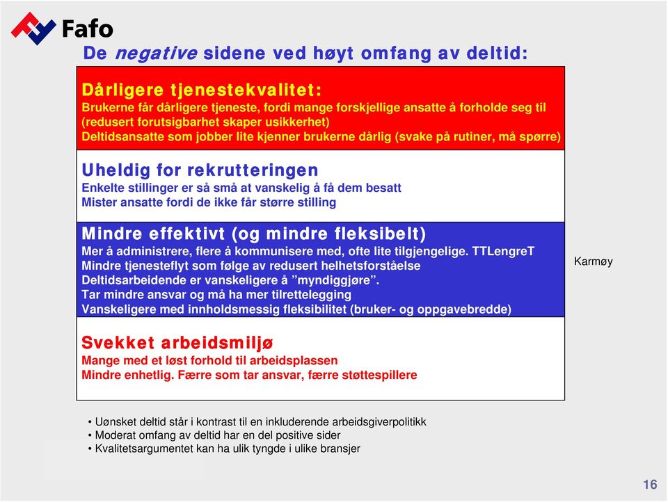 fordi de ikke får større stilling Mindre effektivt (og mindre fleksibelt) Mer å administrere, flere å kommunisere med, ofte lite tilgjengelige.