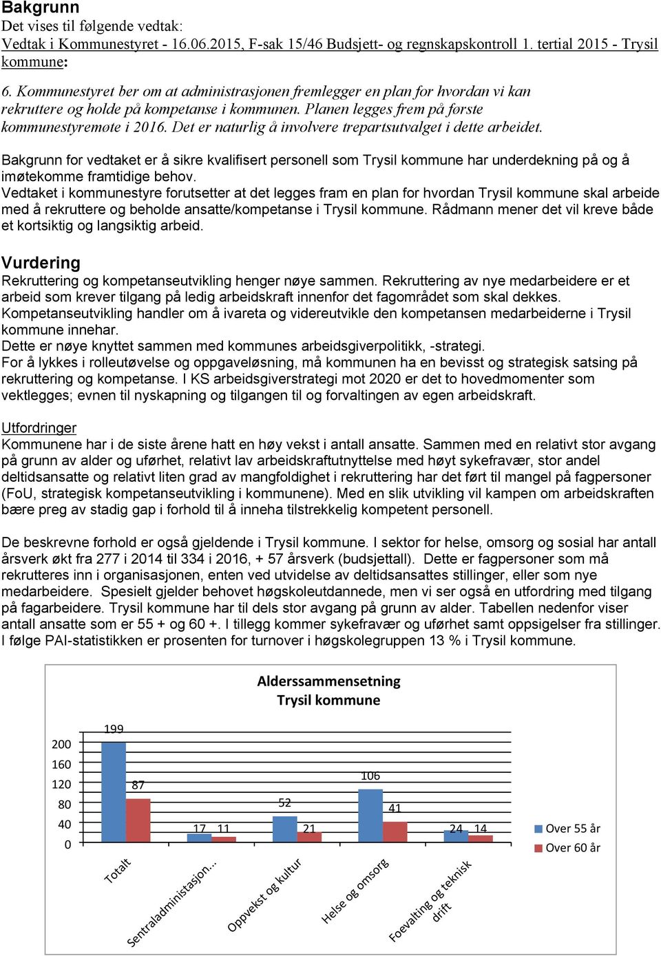 Det er naturlig å involvere trepartsutvalget i dette arbeidet. Bakgrunn for vedtaket er å sikre kvalifisert personell som Trysil kommune har underdekning på og å imøtekomme framtidige behov.