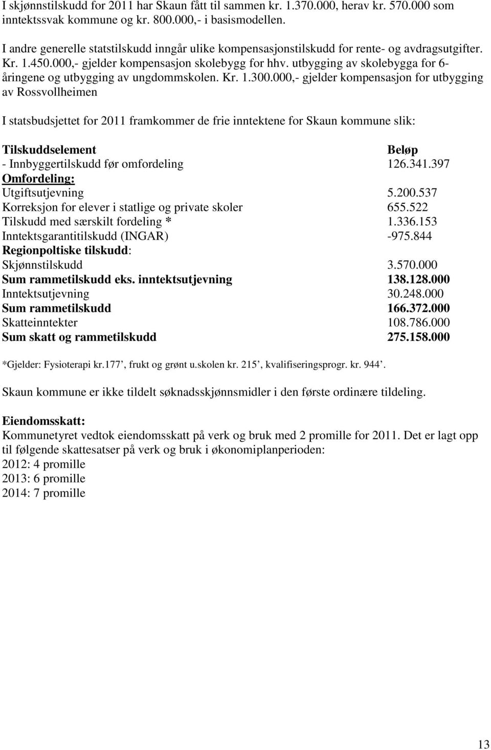 utbygging av skolebygga for 6- åringene og utbygging av ungdommskolen. Kr. 1.300.