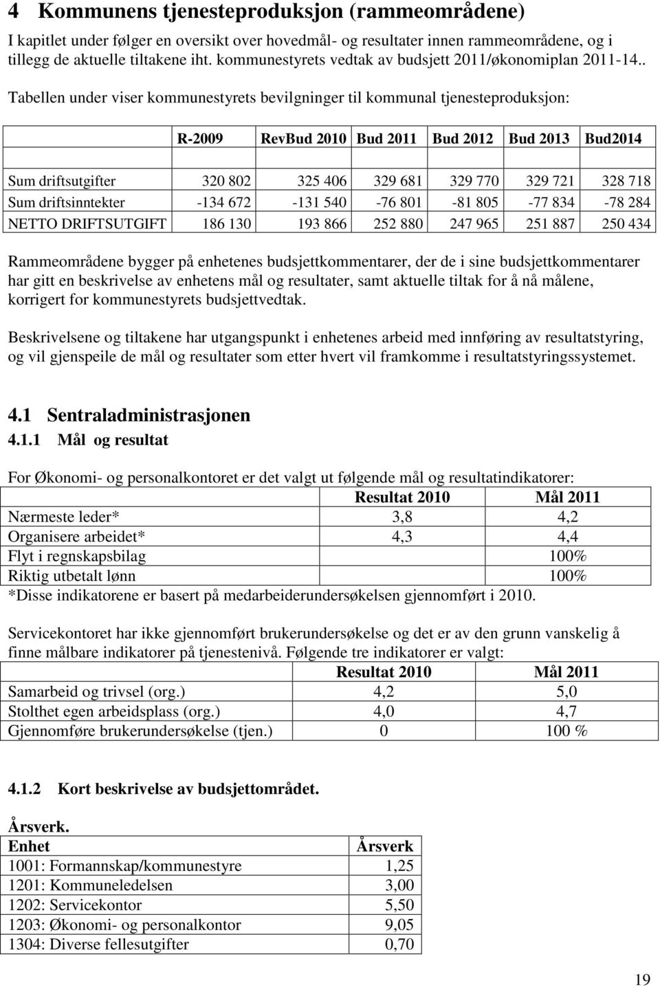 . Tabellen under viser kommunestyrets bevilgninger til kommunal tjenesteproduksjon: R-2009 RevBud 2010 Bud 2011 Bud 2012 Bud 2013 Bud2014 Sum driftsutgifter 320 802 325 406 329 681 329 770 329 721