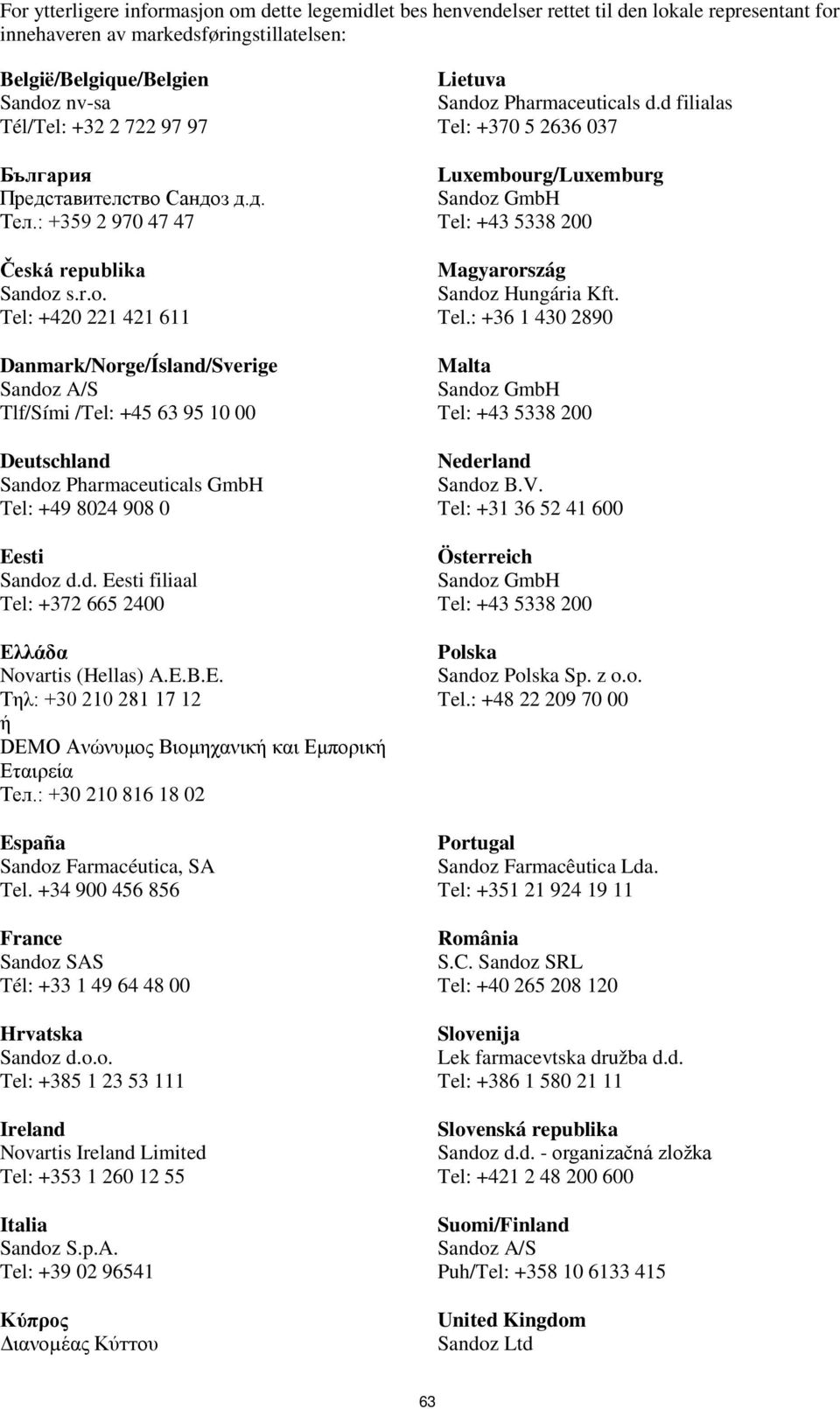 s.r.o. Tel: +420 221 421 611 Danmark/Norge/Ísland/Sverige Sandoz A/S Tlf/Sími /Tel: +45 63 95 10 00 Deutschland Sandoz Pharmaceuticals GmbH Tel: +49 8024 908 0 Eesti Sandoz d.d. Eesti filiaal Tel: +372 665 2400 Ελλάδα Novartis (Hellas) A.