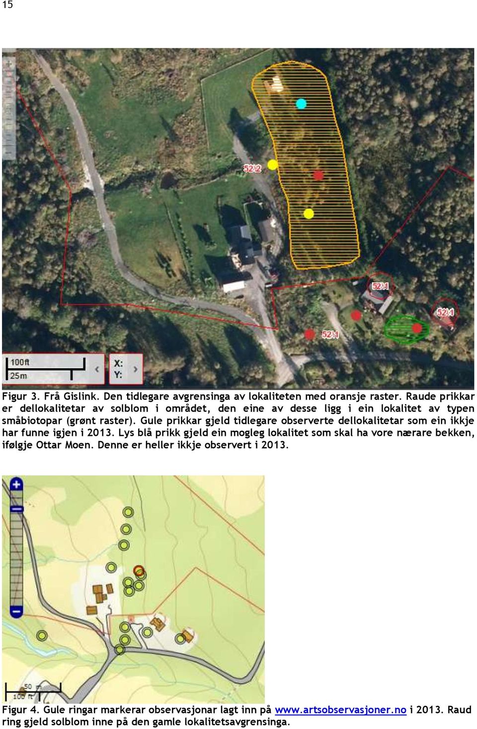 Gule prikkar gjeld tidlegare observerte dellokalitetar som ein ikkje har funne igjen i 2013.