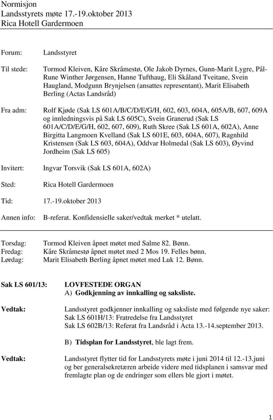 Tveitane, Svein Haugland, Modgunn Brynjelsen (ansattes representant), Marit Elisabeth Berling (Actas Landsråd) Rolf Kjøde (Sak LS 601A/B/C/D/E/G/H, 602, 603, 604A, 605A/B, 607, 609A og innledningsvis