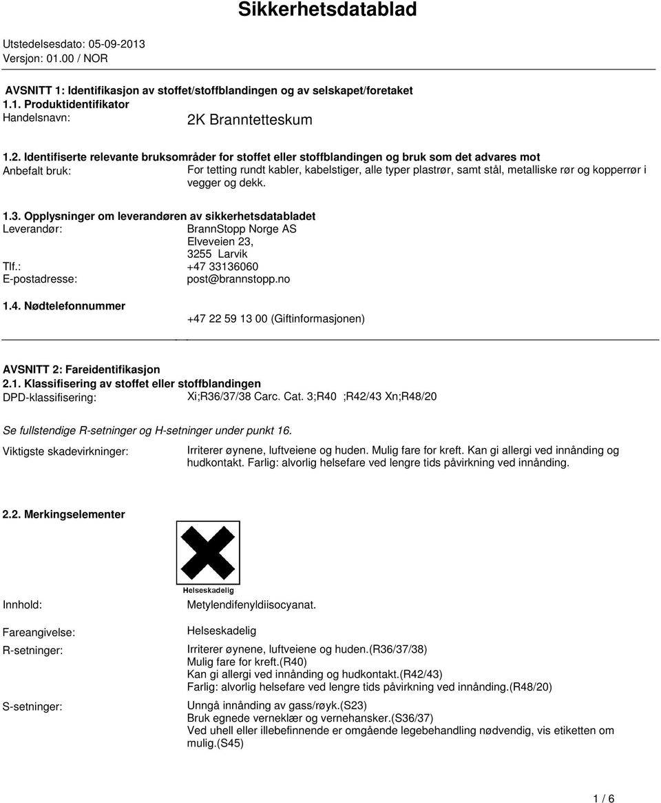 stål, metalliske rør og kopperrør i vegger og dekk 13 Opplysninger om leverandøren av sikkerhetsdatabladet Leverandør: BrannStopp Norge AS Elveveien 23, 3255 Larvik Tlf: +47 33136060 E-postadresse: