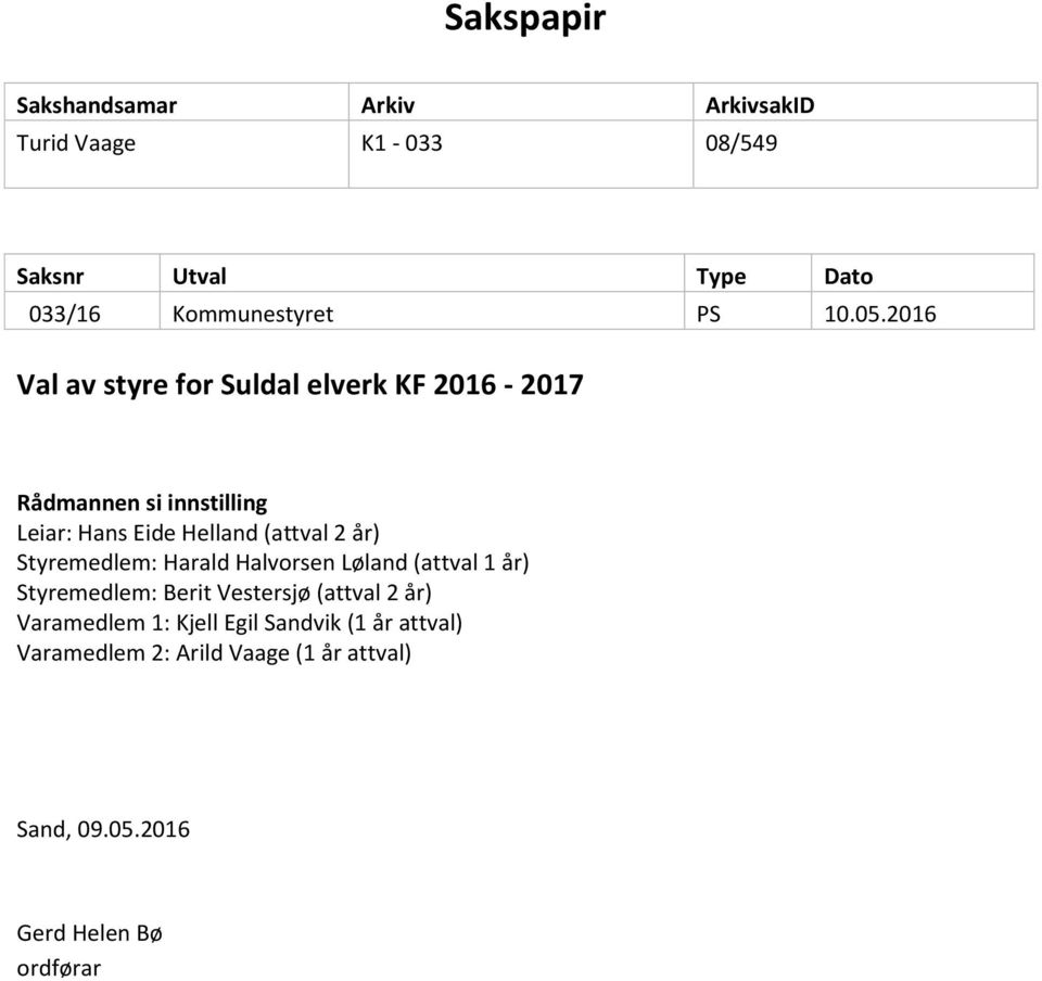 2016 Val av styre for Suldal elverk KF 2016-2017 Rådmannen si innstilling Leiar: Hans Eide Helland (attval 2 år)