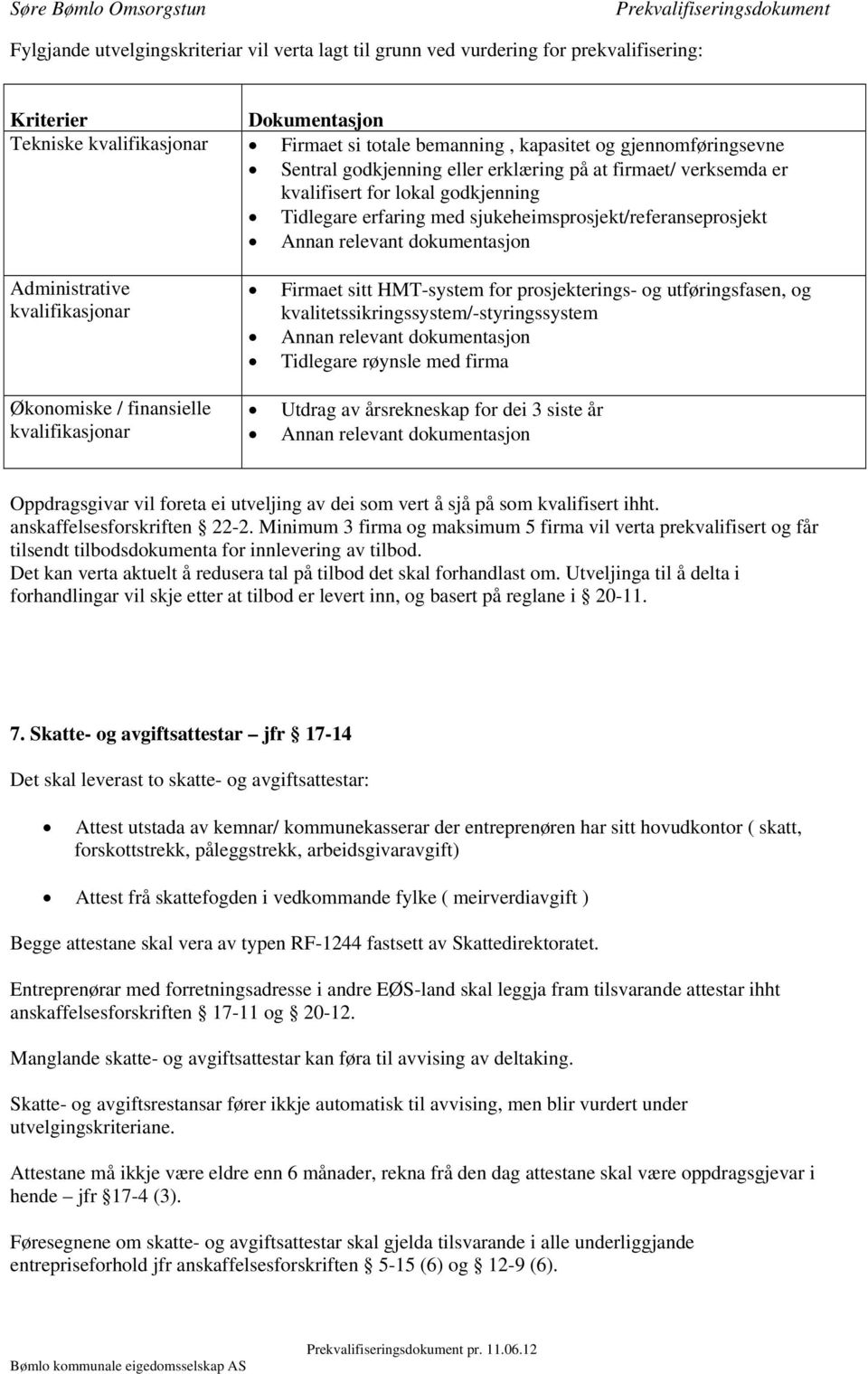 dokumentasjon Administrative kvalifikasjonar Økonomiske / finansielle kvalifikasjonar Firmaet sitt HMT-system for prosjekterings- og utføringsfasen, og kvalitetssikringssystem/-styringssystem Annan