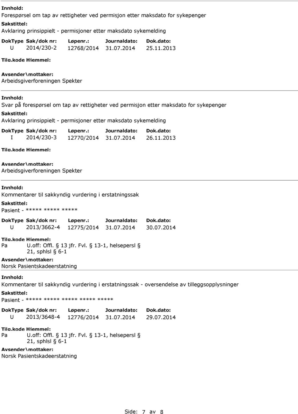 2014/230-3 12770/2014 26.11.2013 Arbeidsgiverforeningen Spekter nnhold: Kommentarer til sakkyndig vurdering i erstatningssak Pasient - ***** ***** ***** 2013/3662-4 12775/2014 30.07.2014 Pa.off: Offl.