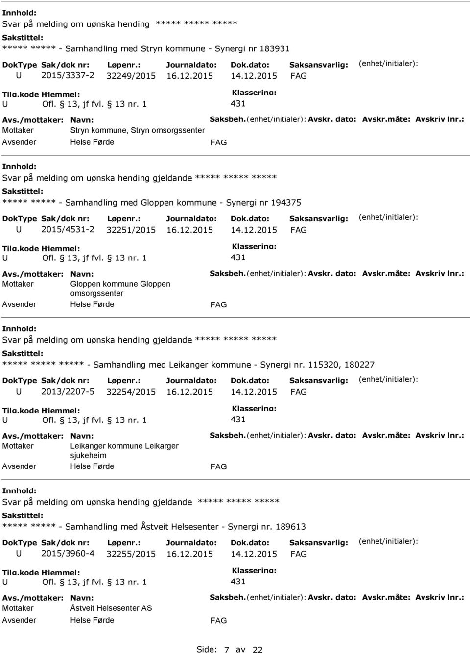 : Mottaker Stryn kommune, Stryn omsorgssenter Svar på melding om uønska hending gjeldande ***** ***** ***** ***** ***** - Samhandling med Gloppen kommune - Synergi nr 194375 2015/4531-2 32251/2015