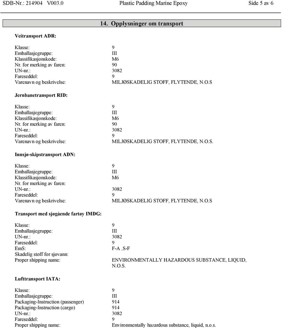 : 3082 Fareseddel: 9 Varenavn og beskrivelse: MILJØSKADELIG STOFF, FLYTENDE, N.O.S. Innsjø-skipstransport ADN: Klasse: 9 Klassifikasjonskode: M6 Nr. for merking av faren: UN-nr.