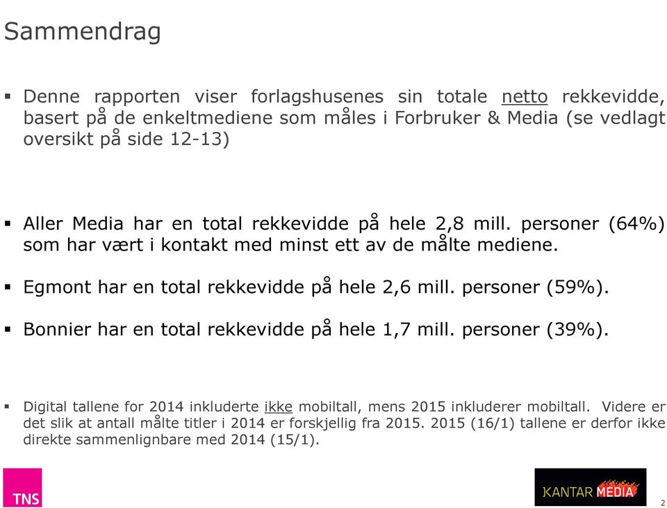 Egmont har en total rekkevidde på hele 2,6 mill. personer (59%). Bonnier har en total rekkevidde på hele 1,7 mill. personer (39%).