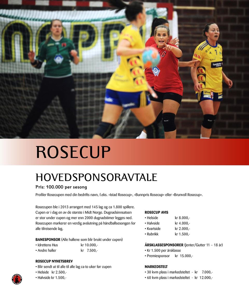 Rosecupen markerer en verdig avslutning på håndballsesongen for alle tilreisende lag. Banesponsor (Alle hallene som blir brukt under cupen) Idrettens Hus kr 10.000,- Andre haller kr 7.