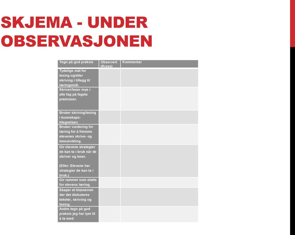 Bruker vurdering for læring for å fremme elevenes skrive- og leseutvikling. Gir elevene strategier de kan ta i bruk når de skriver og leser.