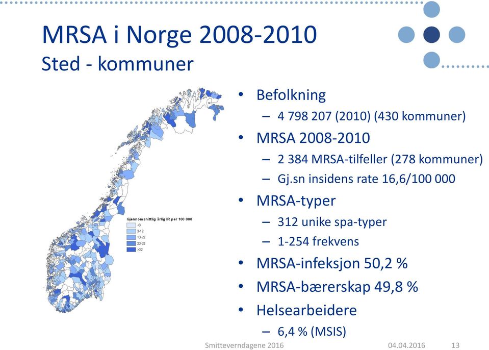 sn insidens rate 16,6/100 000 MRSA-typer 312 unike spa-typer 1-254