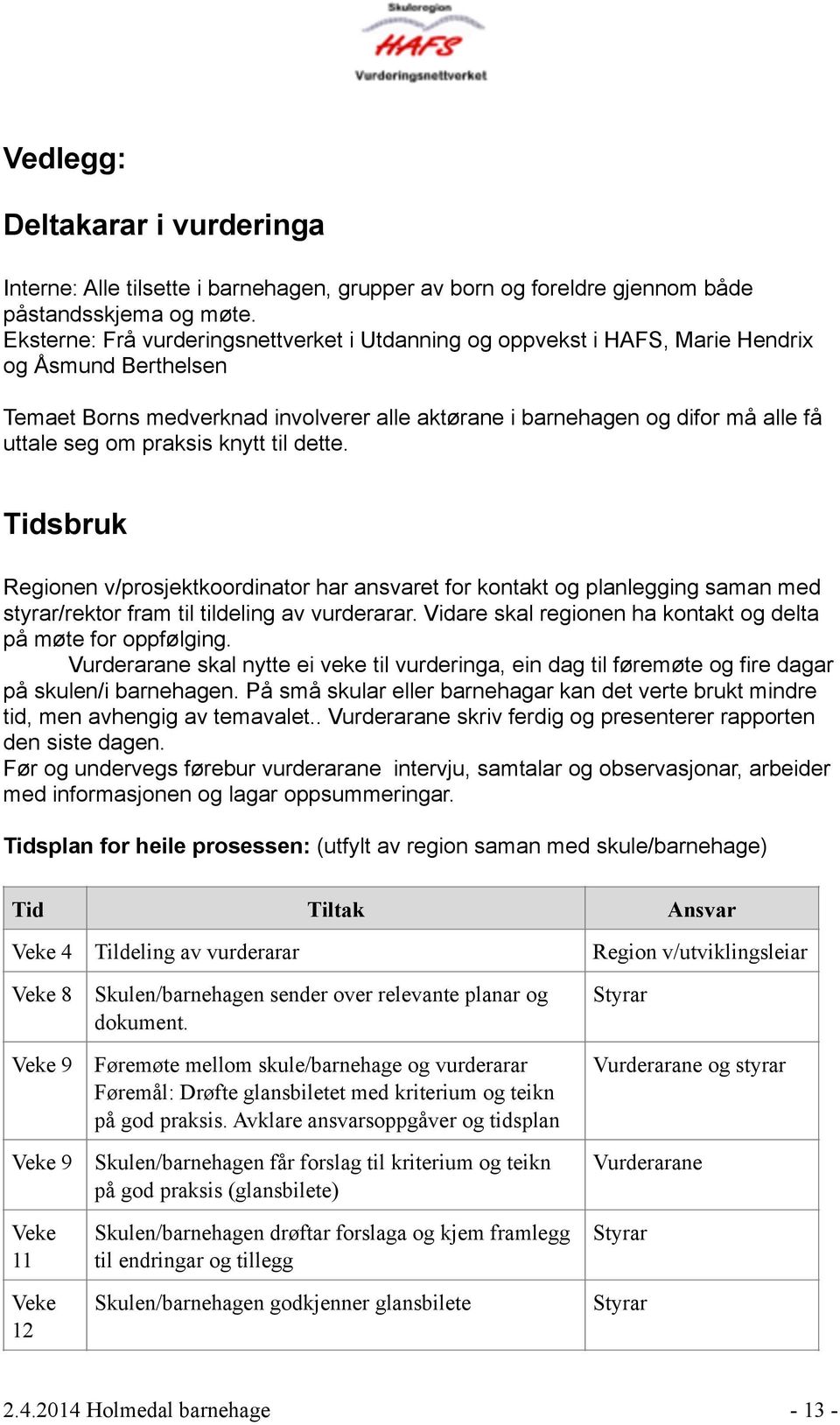 praksis knytt til dette. Tidsbruk Regionen v/prosjektkoordinator har ansvaret for kontakt og planlegging saman med styrar/rektor fram til tildeling av vurderarar.