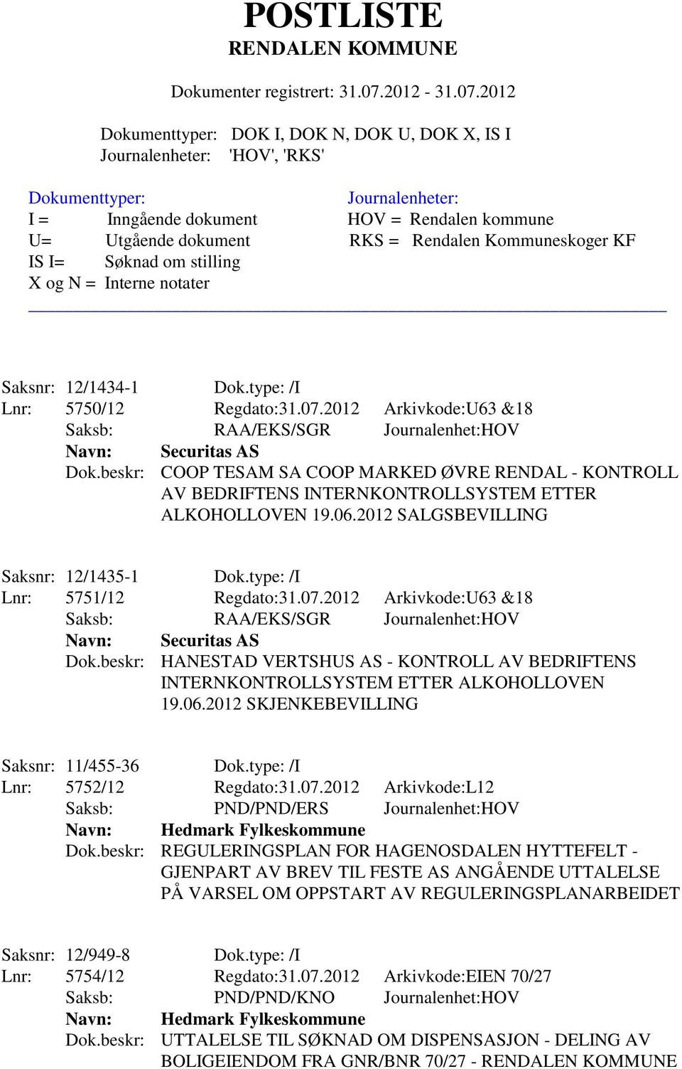 type: /I Lnr: 5752/12 Regdato:31.07.2012 Arkivkode:L12 Saksb: PND/PND/ERS Journalenhet:HOV Navn: Hedmark Fylkeskommune Dok.