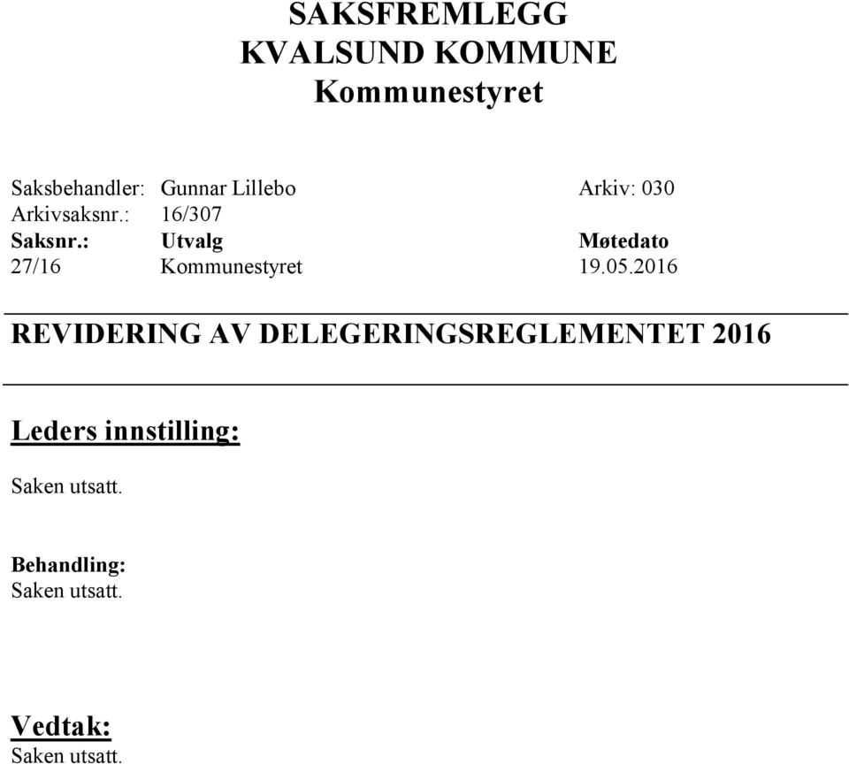 : Utvalg Møtedato 27/16 19.05.