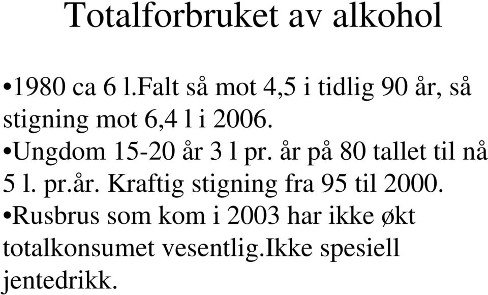 Ungdom 15-20 år 3 l pr. år på 80 tallet til nå 5 l. pr.år. Kraftig stigning fra 95 til 2000.