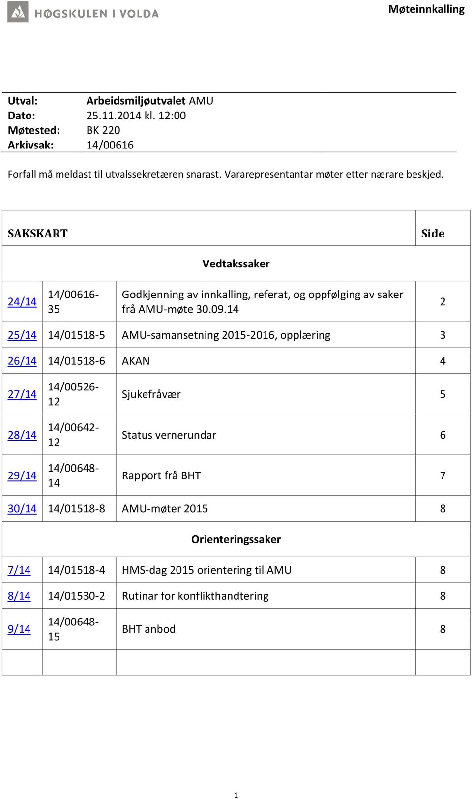 14 2 25/14 14/01518-5 AMU-samansetning 2015-2016, opplæring 3 26/14 14/01518-6 AKAN 4 27/14 28/14 29/14 14/00526-12 14/00642-12 14/00648-14 Sjukefråvær 5 Status vernerundar 6