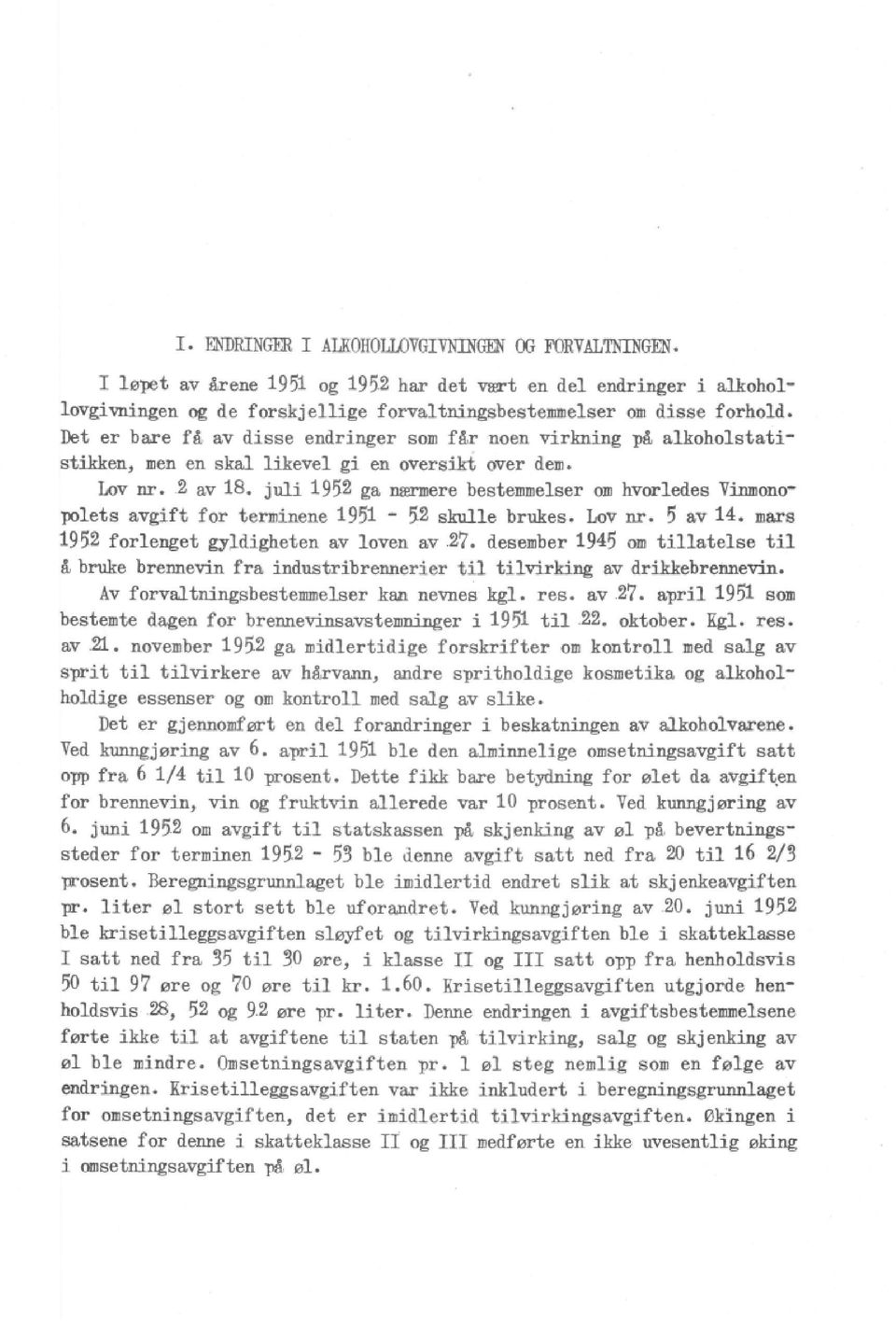 juli 1952 ga narnere bestemmelser or hvorledes Vinmonopolets avgift for terminene 1951-52 skulle brukes. Lov nr. 5 av 14. mars 1952 forlenget gyldigheten av loven av 27.