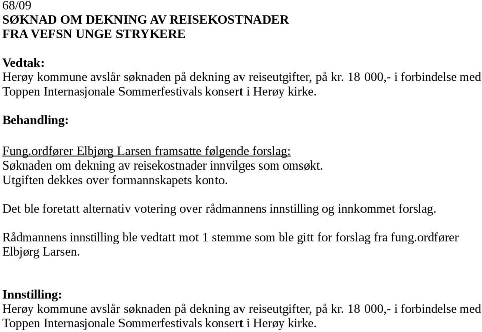 ordfører Elbjørg Larsen framsatte følgende forslag: Søknaden om dekning av reisekostnader innvilges som omsøkt. Utgiften dekkes over formannskapets konto.