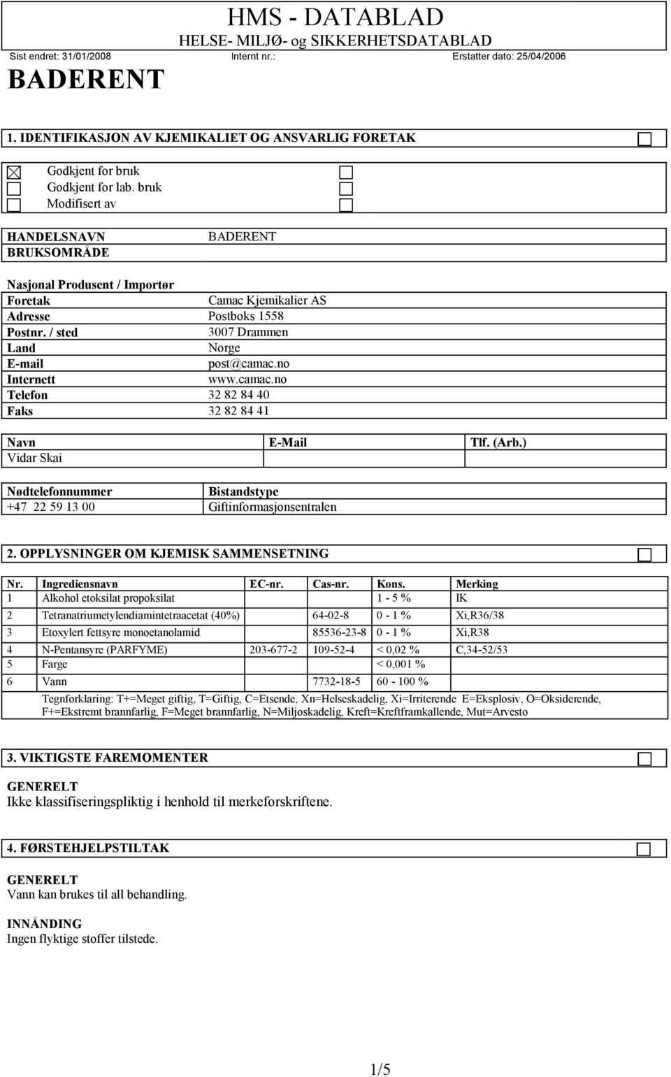 camac.no Telefon 32 82 84 40 Faks 32 82 84 41 Navn E-Mail Tlf. (Arb.) Vidar Skai Nødtelefonnummer Bistandstype +47 22 59 13 00 Giftinformasjonsentralen 2. OPPLYSNINGER OM KJEMISK SAMMENSETNING Nr.