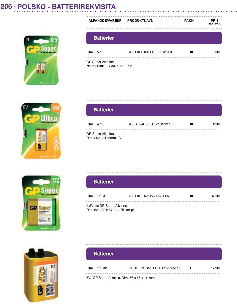 Dim: 25,5 x 47,5mm. 9V. BAT 151031 BATTERI ALKALISK 4,5V 1 PK. 10 59.