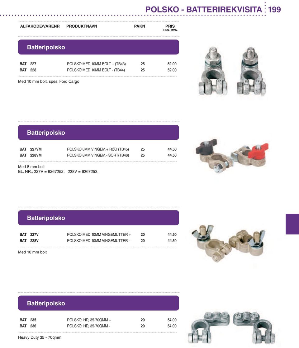 - SORT(TB46) 25 44.50 Med 8 mm bolt EL. NR.: 227V = 6267252. 228V = 6267253. BAT 227V POLSKO MED 10MM VINGEMUTTER + 20 44.