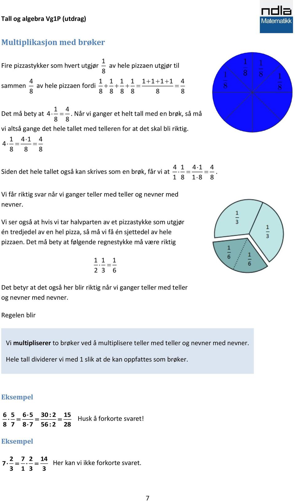 1 4 1 4 4 8 8 8 Siden det hele tallet også kan skrives som en brøk, får vi at 4 1 4 1 4. 1 8 1 8 8 Vi får riktig svar når vi ganger teller med teller og nevner med nevner.