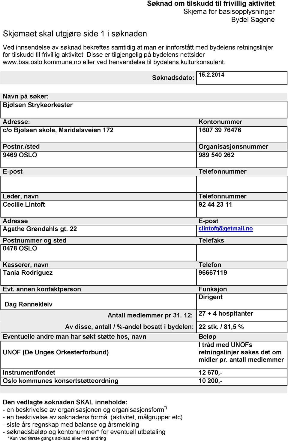 2014 Navn på søker: Bjølsen Strykeorkester Adresse: Kontonummer c/o Bjølsen skole, Maridalsveien 172 1607 39 76476 Postnr.