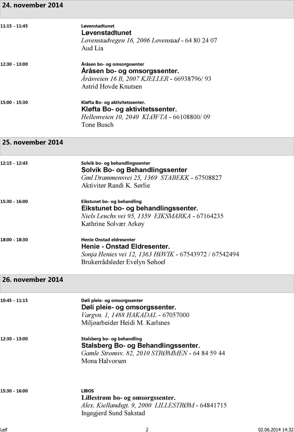 november 2014 12:15-12:45 Solvik bo- og behandlingssenter Solvik Bo- og Behandlingssenter Gml Drammensvei 25, 1369 STABEKK - 67508827 Aktivitør Randi K.