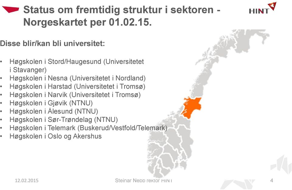 Nordland) Høgskolen i Harstad (Universitetet i Tromsø) Høgskolen i Narvik (Universitetet i Tromsø) Høgskolen i Gjøvik