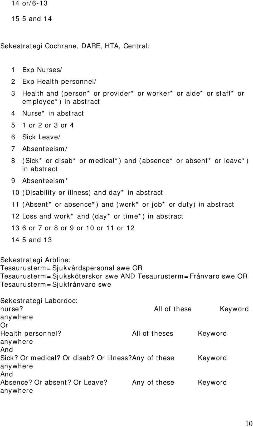 in abstract 11 (Absent* or absence*) and (work* or job* or duty) in abstract 12 Loss and work* and (day* or time*) in abstract 13 6 or 7 or 8 or 9 or 10 or 11 or 12 14 5 and 13 Søkestrategi Arbline: