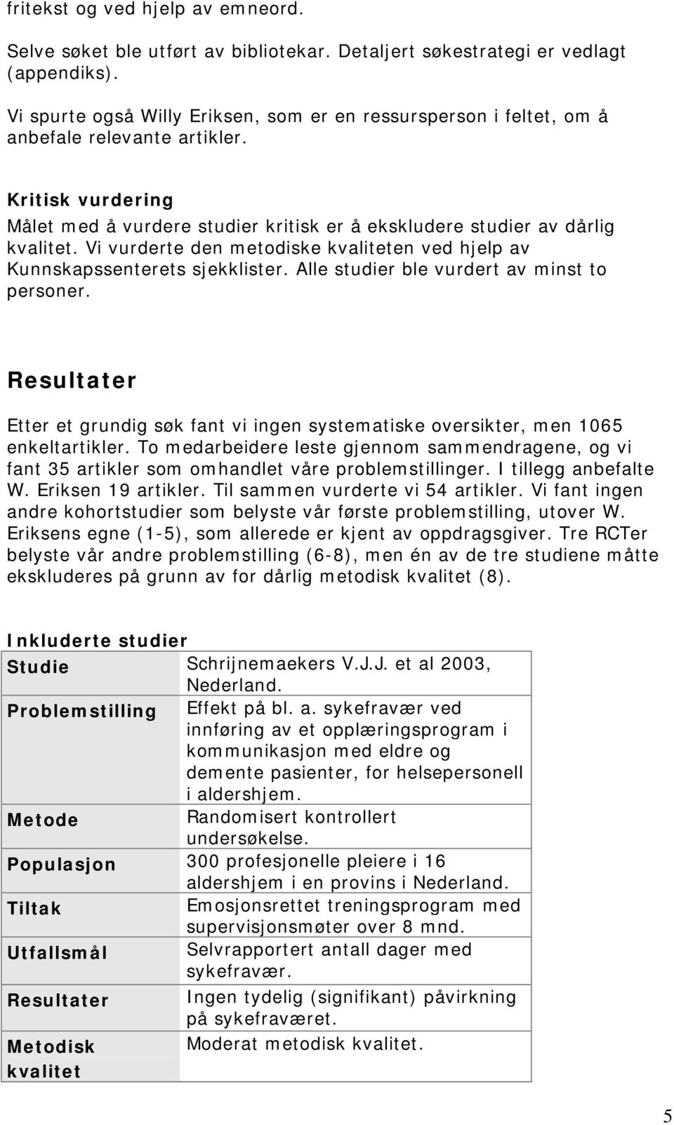 Vi vurderte den metodiske kvaliteten ved hjelp av Kunnskapssenterets sjekklister. Alle studier ble vurdert av minst to personer.