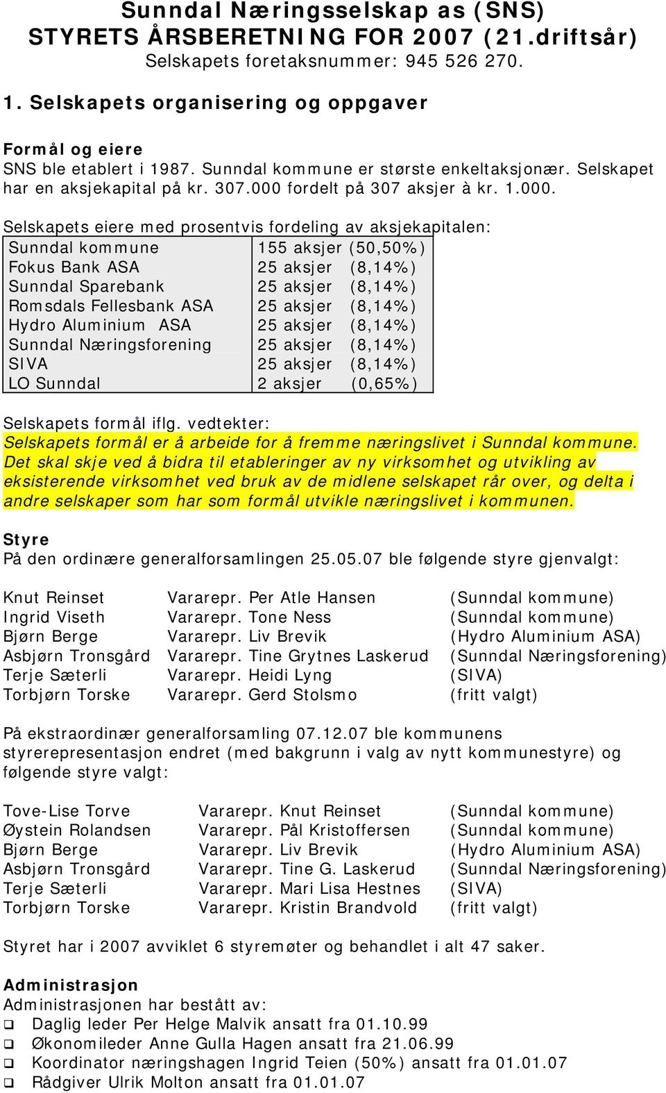 fordelt på 307 aksjer à kr. 1.000.