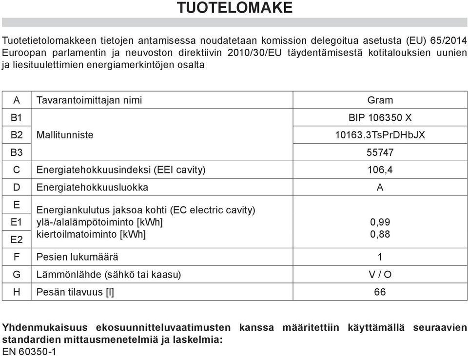 cavity) 106,4 D Energiatehokkuusluokka A E Energiankulutus jaksoa kohti (EC electric cavity) E1 E2 F ylä /alalämpötoiminto [kwh] kiertoilmatoiminto [kwh] Pesien lukumäärä 1 G