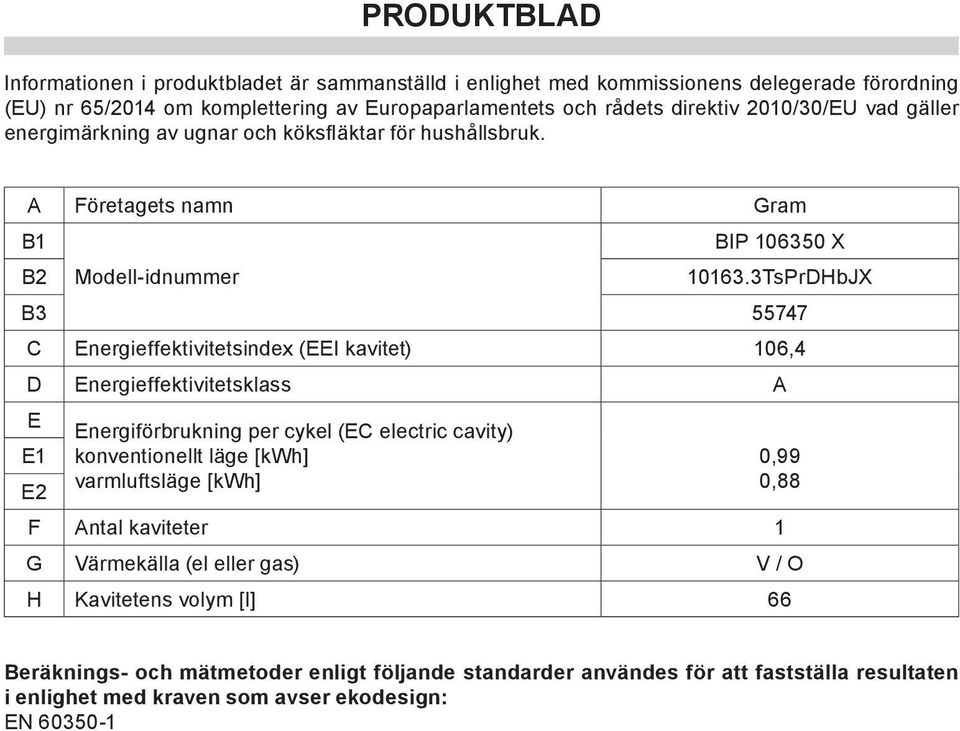 A Företagets namn Gram B1 B2 Modell idnummer B3 55747 C Energieffektivitetsindex (EEI kavitet) 106,4 D Energieffektivitetsklass A E Energiförbrukning per cykel (EC electric cavity)