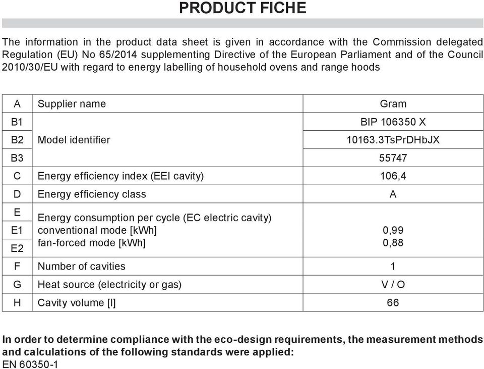 106,4 D Energy efficiency class A E Energy consumption per cycle (EC electric cavity) E1 E2 conventional mode [kwh] fan forced mode [kwh] F Number of cavities 1 G Heat source (electricity