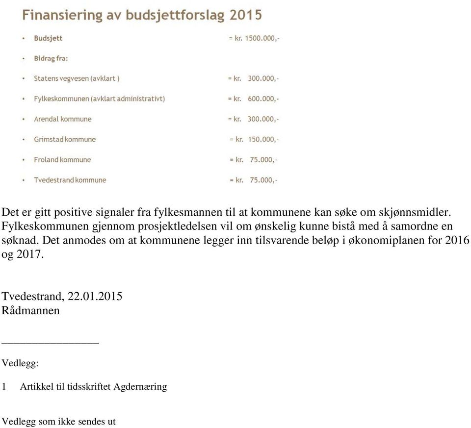 Det anmodes om at kommunene legger inn tilsvarende beløp i økonomiplanen for 2016 og 2017.