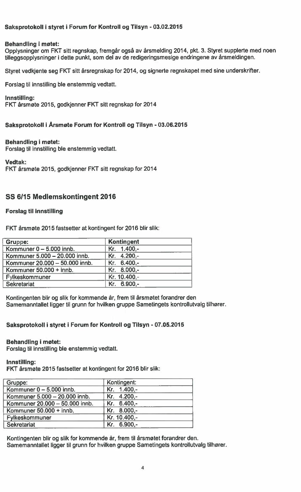 Styret vedkjente seg FKT sitt årsregnskap for 2014, og signerte regnskapet med sine underskrifter.