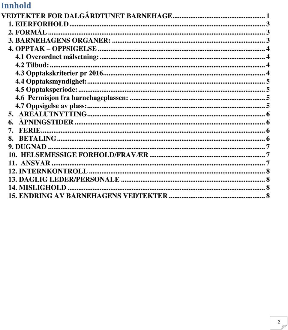 .. 5 4.7 Oppsigelse av plass:... 5 5. AREALUTNYTTING... 6 6. ÅPNINGSTIDER... 6 7. FERIE... 6 8. BETALING... 6 9. DUGNAD... 7 10.