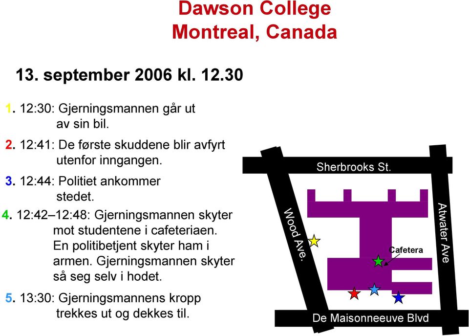 12:42 12:48: Gjerningsmannen skyter mot studentene i cafeteriaen. En politibetjent skyter ham i armen.