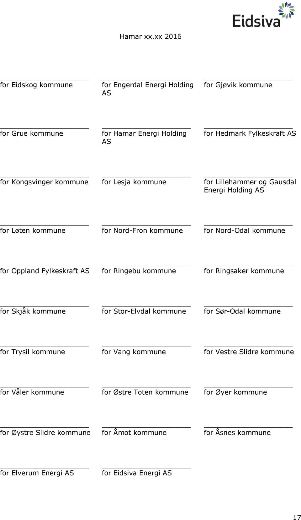 kommune for Lesja kommune for Lillehammer og Gausdal Energi Holding AS for Løten kommune for Nord-Fron kommune for Nord-Odal kommune for Oppland Fylkeskraft AS for