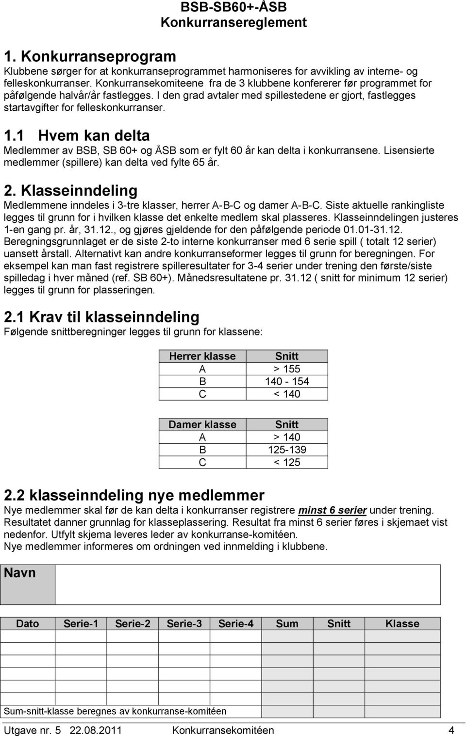 1 Hvem kan delta Medlemmer av, SB 60+ og som er fylt 60 år kan delta i konkurransene. Lisensierte medlemmer (spillere) kan delta ved fylte 65 år. 2.